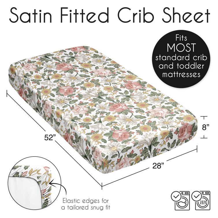 Sweet Jojo Designs Vintage Floral Pink and Green Satin Fitted Crib